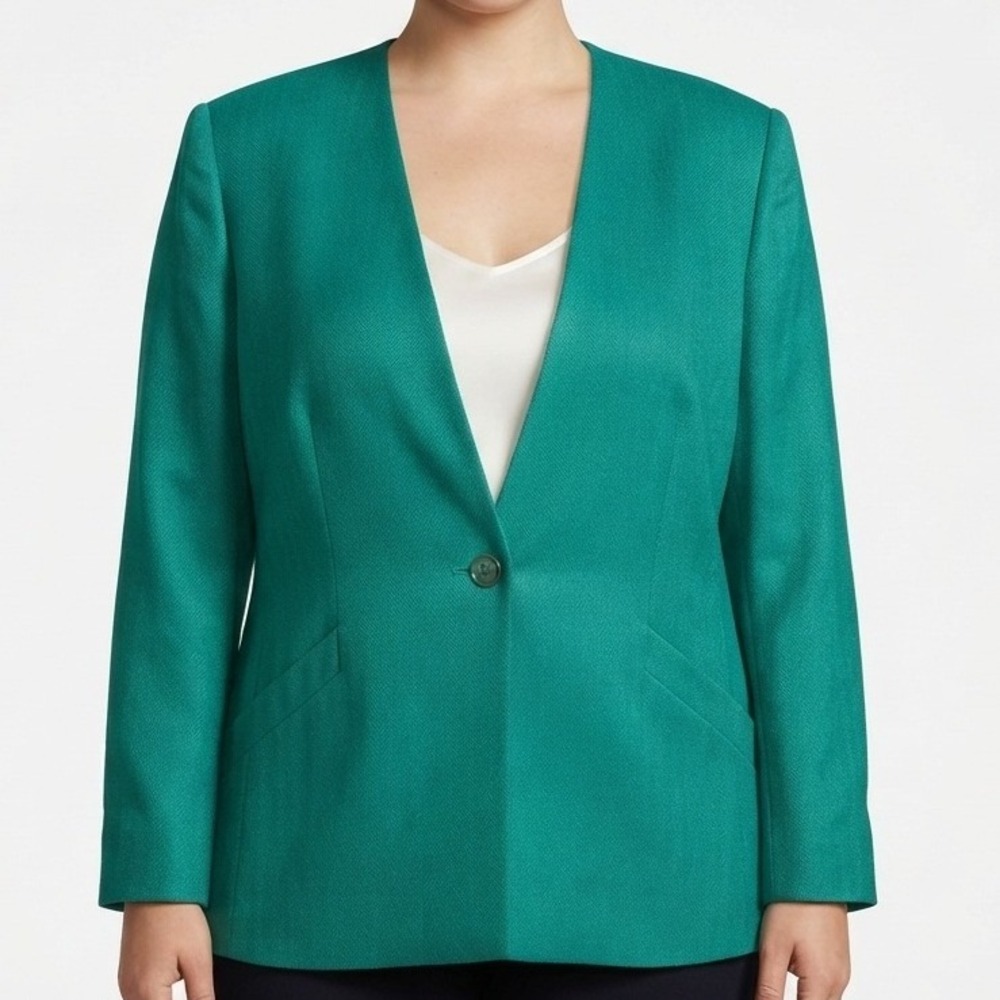 Jos. A. Bank Blazer Women 16 Teal Herringbone Linen Blend Made in USA